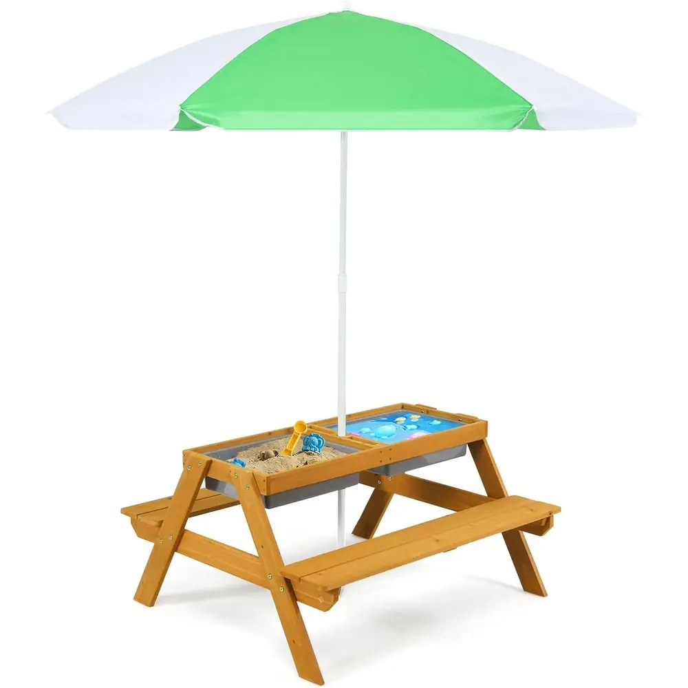 Kids Outdoor Wooden Table - 3-in-1 Height-Adjustable Umbrella Kids Picnic Table